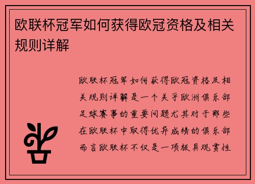 欧联杯冠军如何获得欧冠资格及相关规则详解